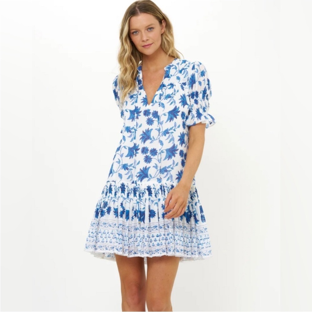 OLIPHANT‎ || Smocked Drop Mini Dress in Marion Blue Block Print Floral White S - Picture 2 of 10